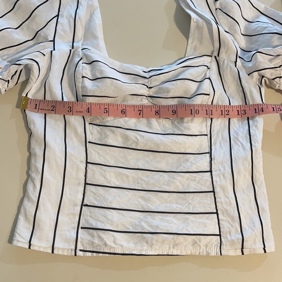 E.ssue White & Black Striped Puff Sleeve Square Neck Ruched Front Blouse Small - Picture 11 of 13